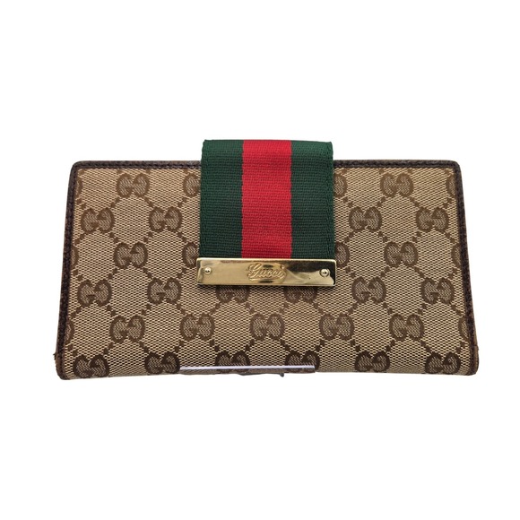 Gucci GG Canvas Web Stripe Flap Wallet Clutch Purse Brown Beige Authentic - Picture 1 of 12